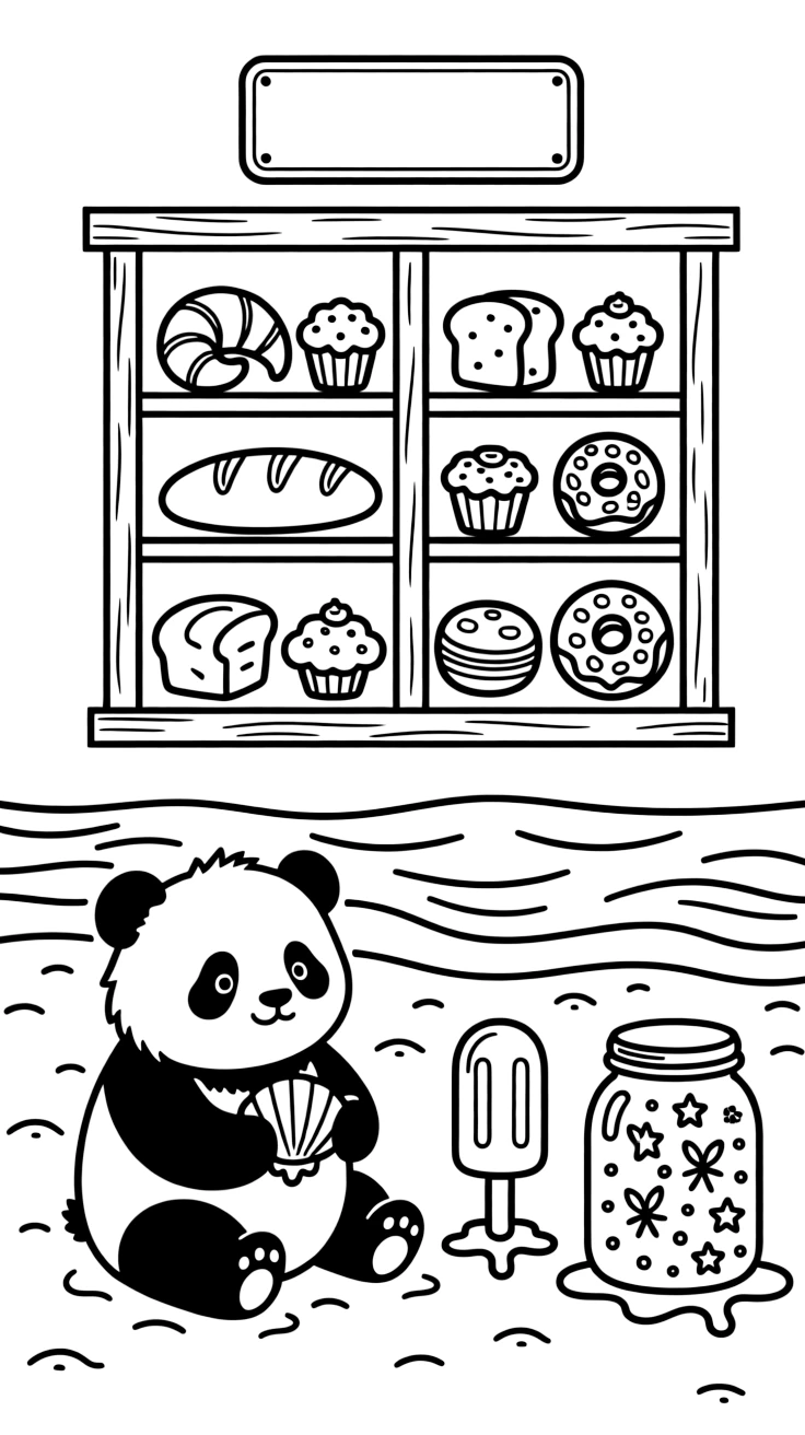 A bakery window full of pastries and bread on a sandy beach with gentle waves rolling in, with a chubby panda cub playing close by amid a popsicle melting in the sun and a jar full of fireflies.