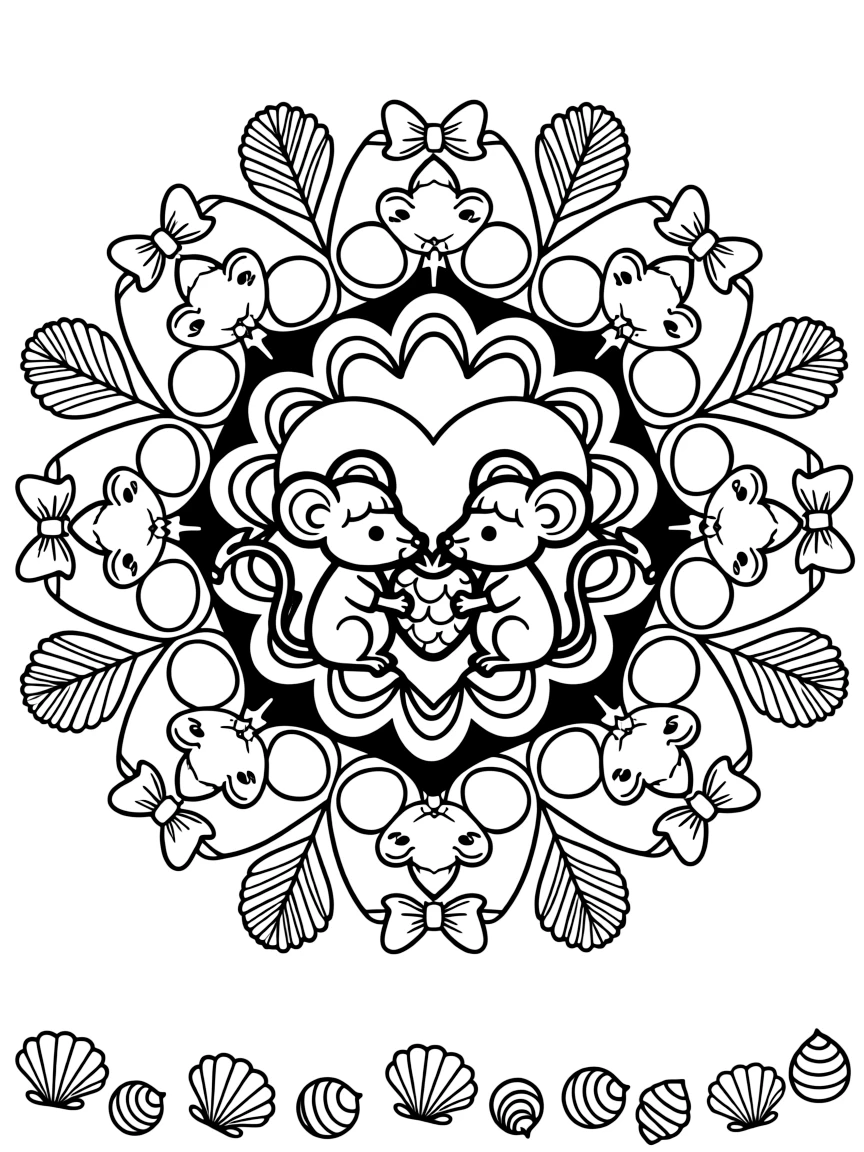 Woodland Animals: The design turns a family of woodland mice sharing a berry into a kaleidoscope-style composition anchored by a heart-shaped mandala framed by soft curling loops. The imagery is arranged in a spinning ring of repeated segments, each one a slightly rotated twin of its neighbor. Decorative details fill the surrounding space, including loops shaped like small bows, tightly coiled spiral shells, and fan-shaped feather clusters woven throughout the background. A playful extra touch completes the page: a cluster of small seashells scattered along the bottom border.