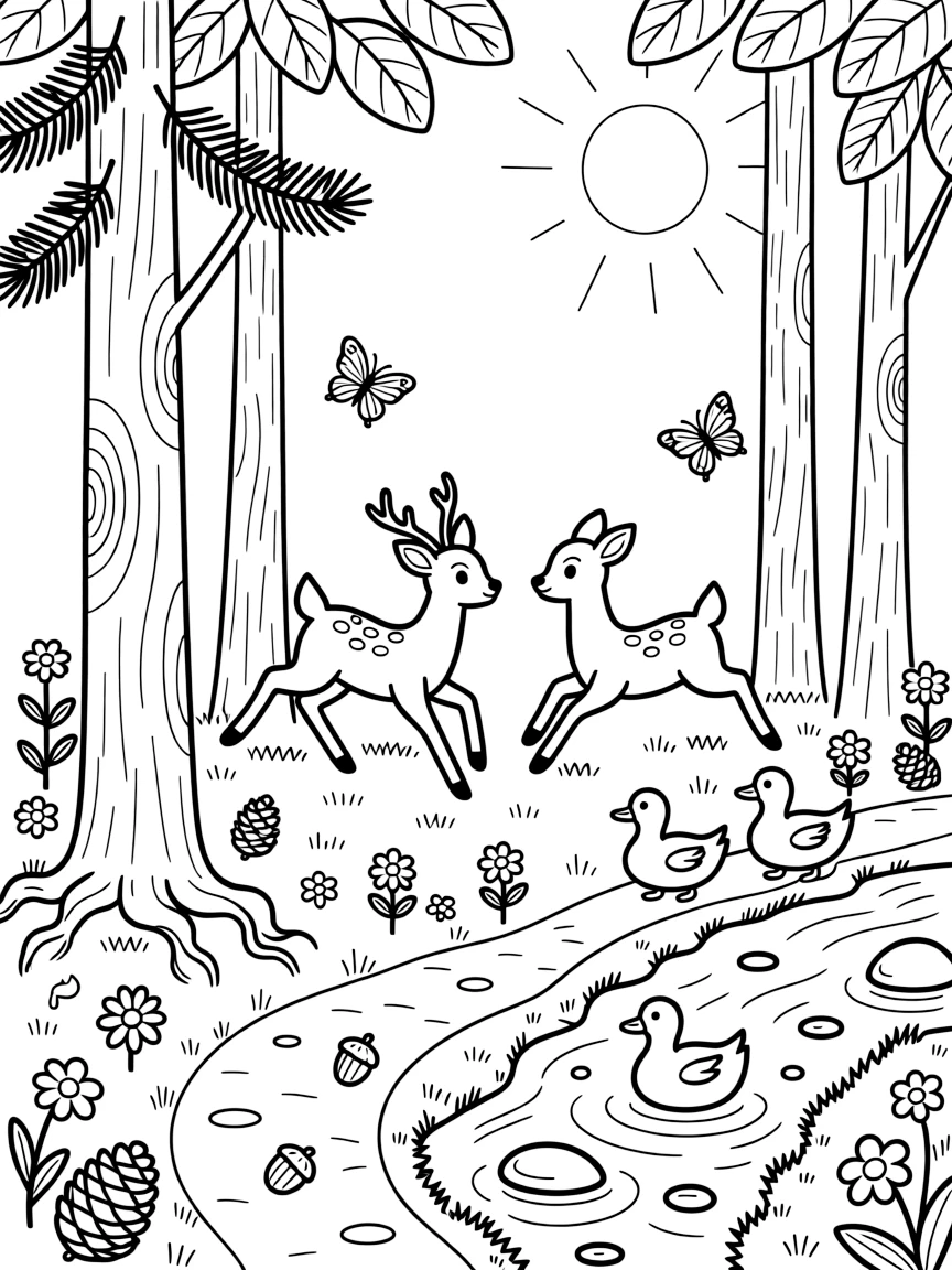 [Enchanted Forest] Two young deer play tag around a cluster of tall pine trees in a sunlit forest clearing. Butterflies flutter between wildflowers while a family of ducks waddles across the path toward a stream. Sunbeams stream through gaps in the canopy onto a carpet of moss, fallen pinecones, and curling roots. Sunlight filters through the leaves, and a trail of fallen acorns leads toward a hidden clearing sparkling with morning dew.