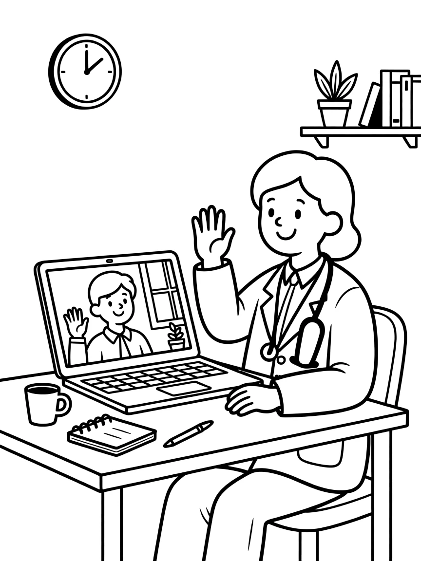 A telemedicine doctor waves to a patient through a laptop screen during a video visit.