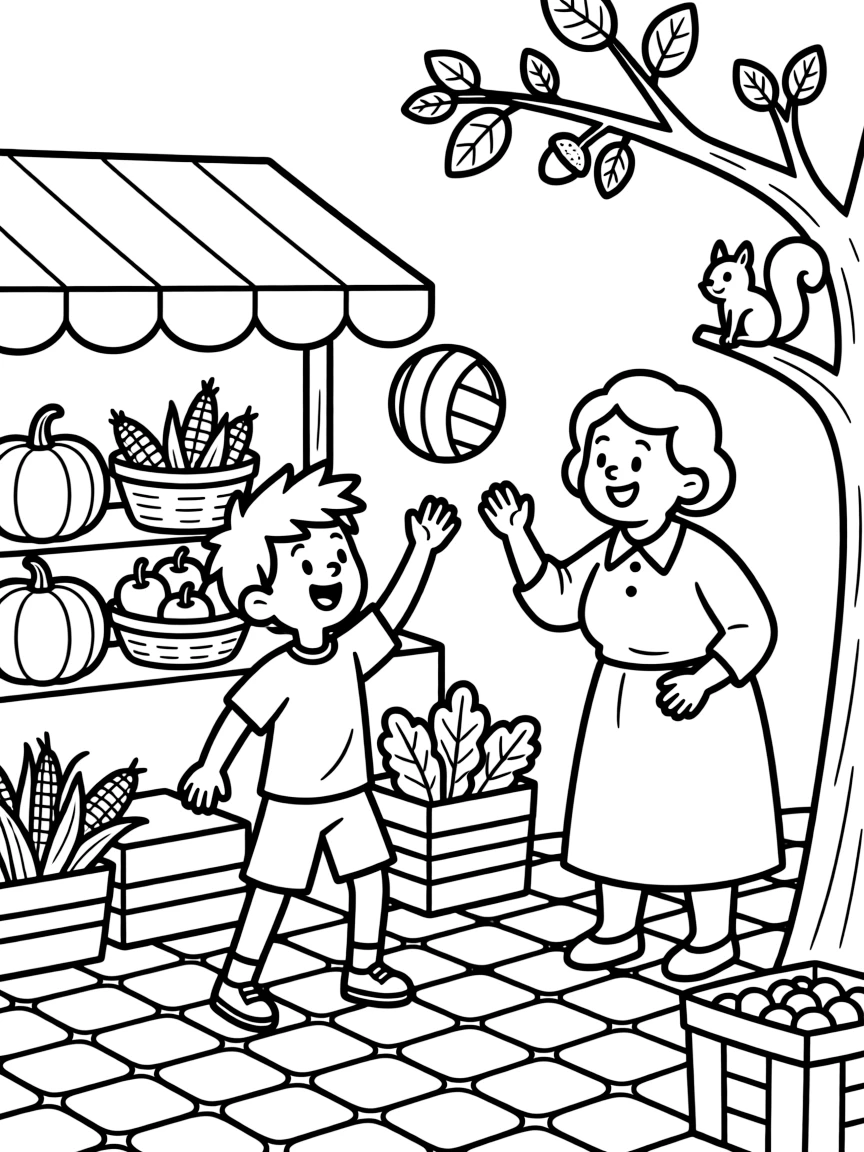 A talkative boy playing volleyball with a great-grandmother at a farmers market stall while a squirrel peeks from a branch.