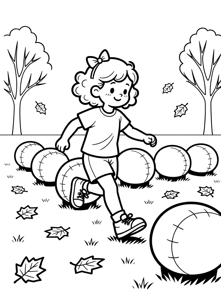 A little girl with curly hair, practicing footwork through a row of tackling dummies on a crisp autumn afternoon.