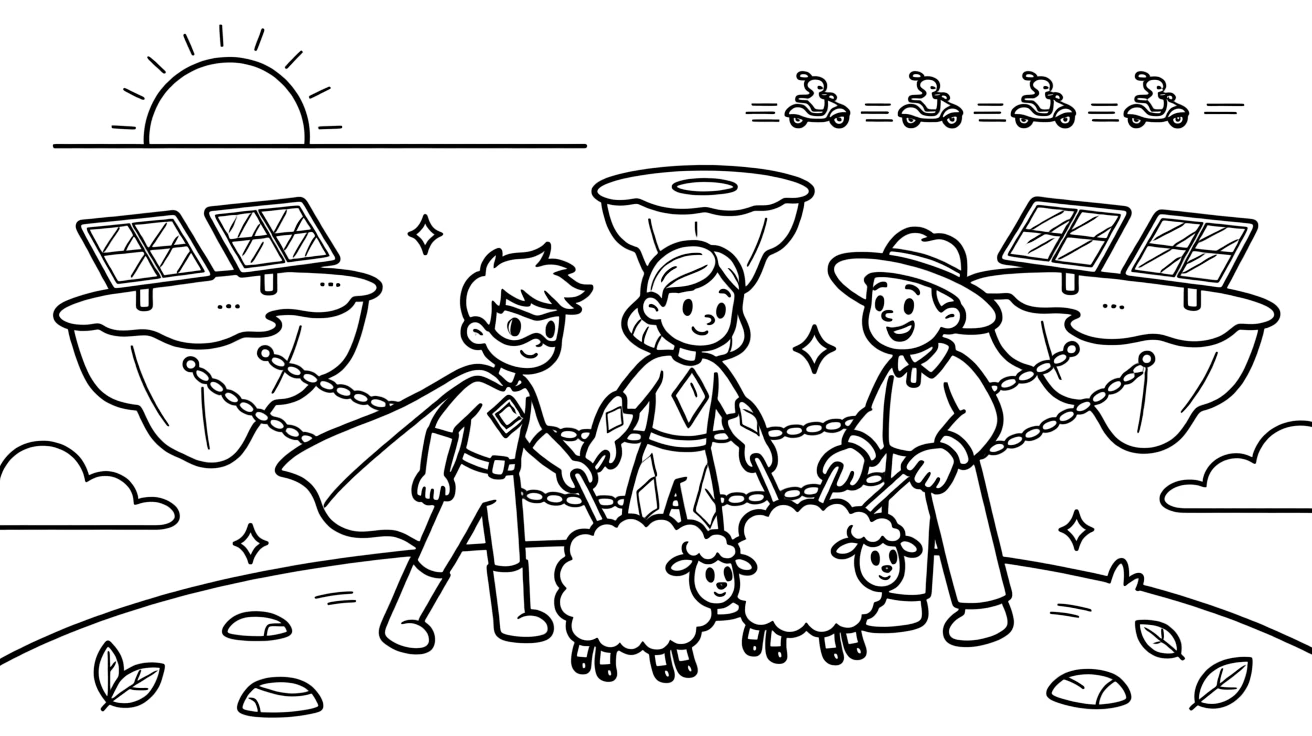 Twin superhero siblings Nebula (gravity-bending) and Astra (ice-powered) helping an alien farmer round up bouncing space sheep near a floating island chain connected by glowing rope bridges, surrounded by a row of solar panels catching the sunset and a fleet of hover-scooters zipping past in the background.