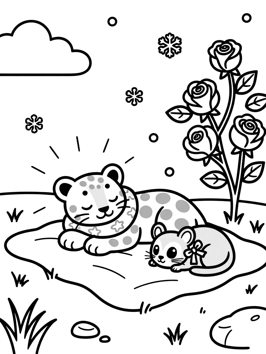 A snow leopard cub at a picnic in the park, napping in a sunbeam next to a sugar glider, next to a rose bush, as gentle snowflakes drift down.