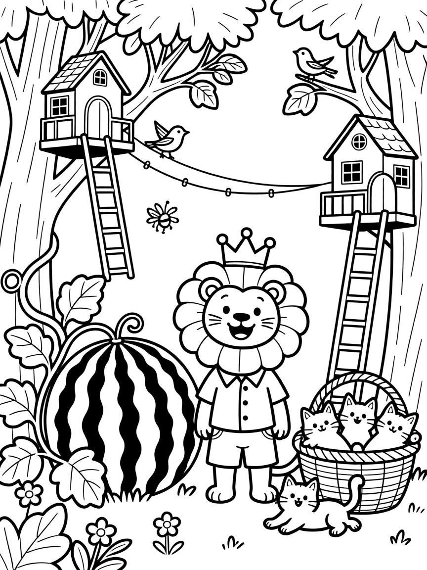 In a treetop city connected by zip lines, a spunky lion cub king-in-training discovers the joy of growing a garden of giant, striped watermelons, while a basket of kittens tumbling over each other watches happily nearby. It feels like the best day ever for everyone involved.