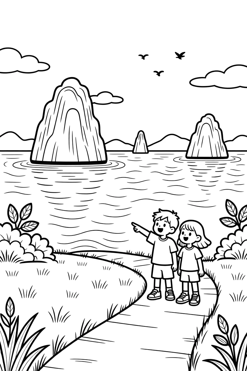A coloring page set in Vietnam, showing the limestone islands of Ha Long Bay rising from calm green water, with a winding path leading toward it and a couple of curious children pointing excitedly.