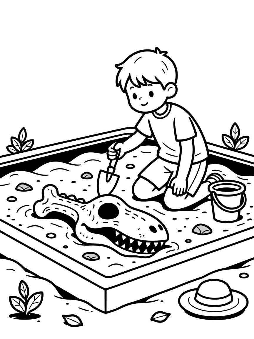an adventurous young boy examines a dinosaur bone half-buried in a sandbox with a small trowel.