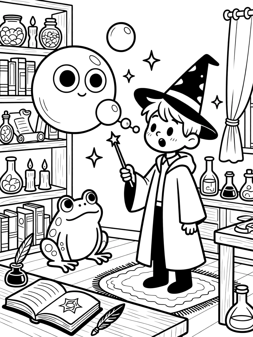 A young wizard's first spell goes hilariously wrong, turning his pet toad into a giant bubble-blowing creature that floats around his cluttered study.