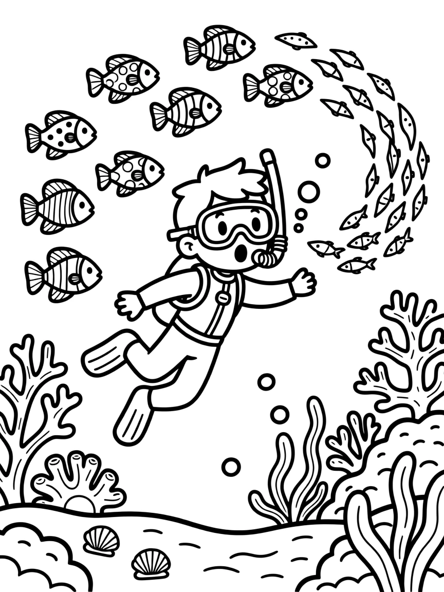 [Sea Creatures] a colorful school of tropical fish swimming alongside a diver in a vibrant coral reef, gasping in amazement. Nearby, a school of small fish swirls nearby. Bubbles trail upward in a gentle stream. The scene is captured at high noon, with a light breeze blowing, giving the page a lively and adventurous feel that invites plenty of colorful detail.