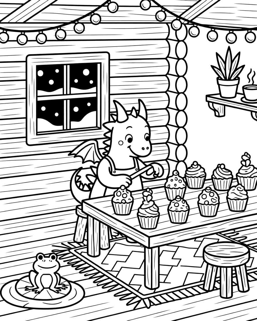 A friendly baby dragon with tiny wings is decorating cupcakes with sprinkles and swirls of frosting inside a cozy log cabin during a gentle snowstorm. All around, a friendly frog perched on a lily pad and strings of fairy lights strung overhead bring the scene to life.