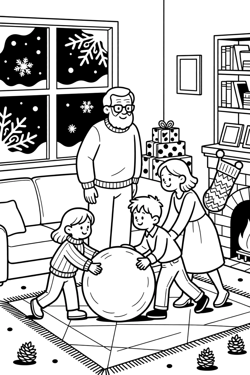 A proud grandfather admiring a family rolling giant snowballs together in a warmly lit living room with frost on the windows, near a stack of wrapped gifts and a knitted stocking hung with care.