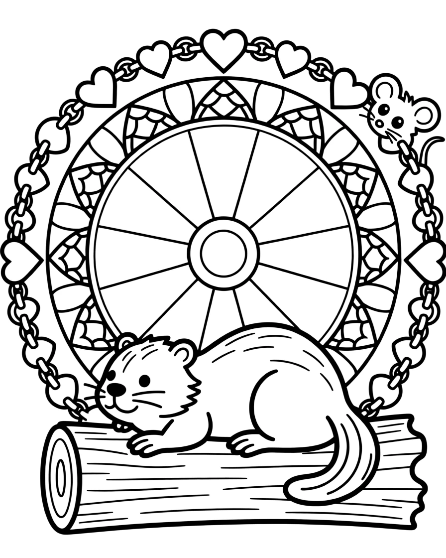 Woodland Animals: The main subject is a beaver with a paddle-shaped tail resting on a log, drawn as the focal point of a wheel-spoke mandala radiating from a round hub. It is positioned in the middle of the page so the design radiates outward evenly in every direction. Decorative details fill the surrounding space, including a chain of linked heart shapes, overlapping fish-scale textures, and interlocking circle chains woven throughout the background. A playful extra touch completes the page: a curious little mouse peeking out from behind one of the shapes.