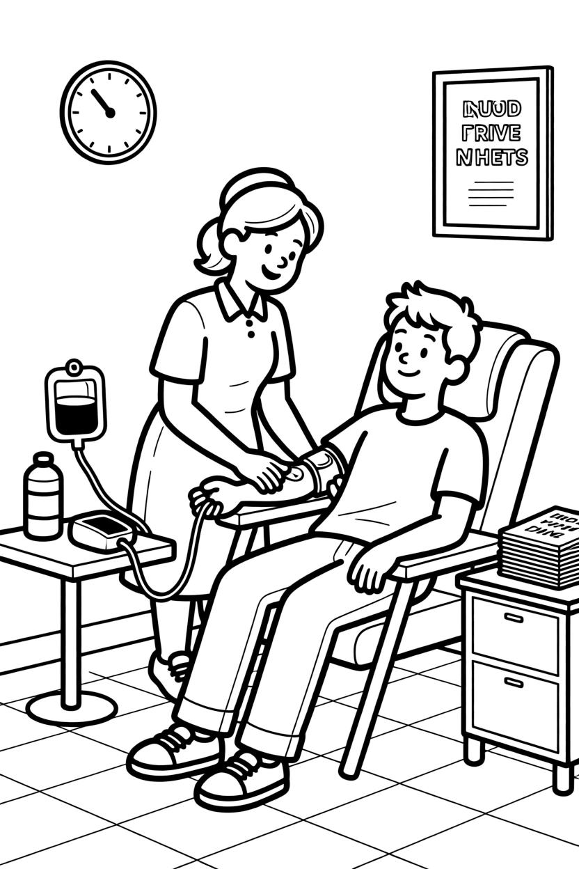 A blood donation nurse helps a volunteer relax in a chair while donating blood at a drive.