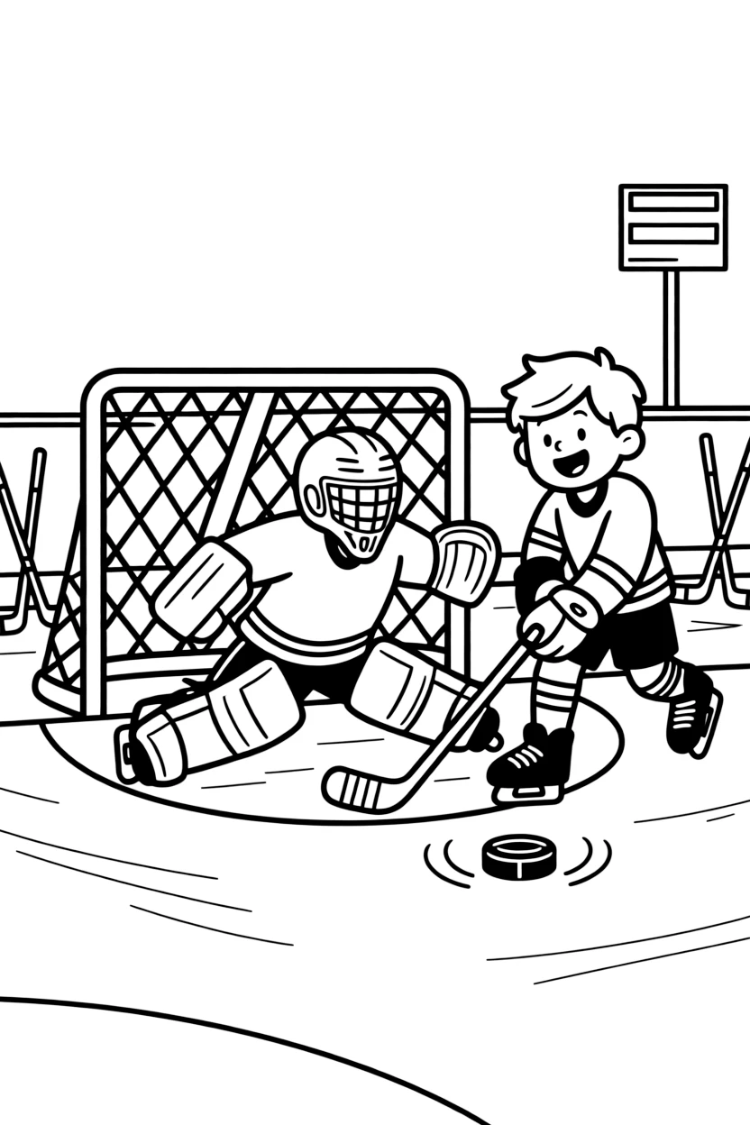 A cheerful young boy, slapping the puck into the net past a diving goalie in full padded gear.
