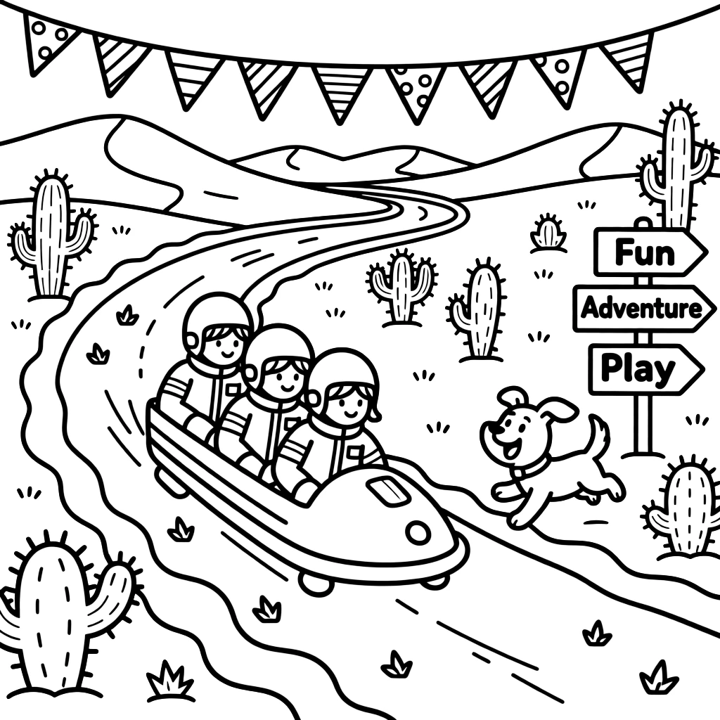 A coloring page featuring a bobsled team zooming down an icy curved track, traveling through a golden desert dotted with cacti and distant sand dunes, with an excited puppy chasing along the road and road signs pointing toward fun destinations and a string of triangle pennant flags overhead filling the scene.