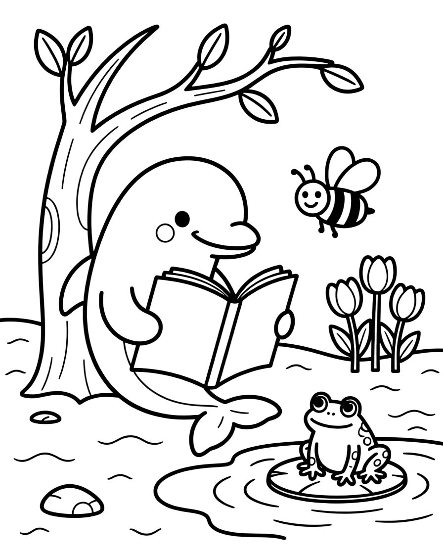 A dolphin reading a storybook under a tree with a bumblebee at the edge of a sandy desert, near a bed of tulips, while a curious frog watches from a lily pad.