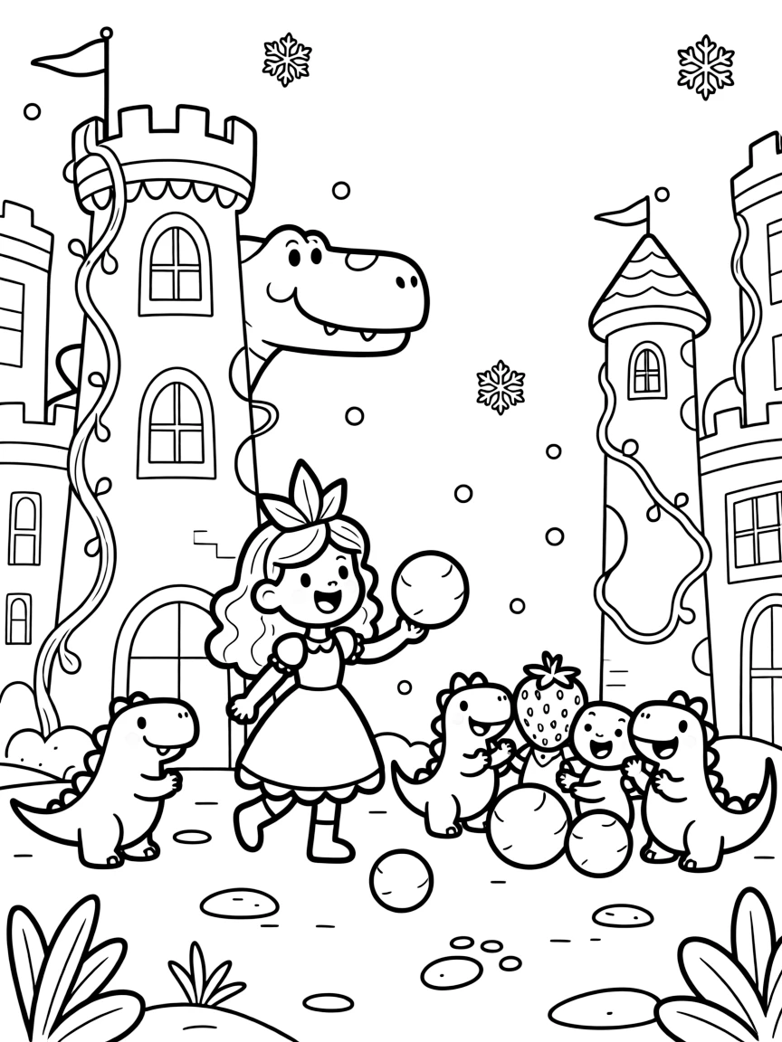 In a bustling dinosaur city with vine-covered towers, a wiggly strawberry princess discovers the joy of having a joyful snowball fight, while sparkling snowflakes drifting down all around watches happily nearby. Every creature nearby wants to join in the fun.