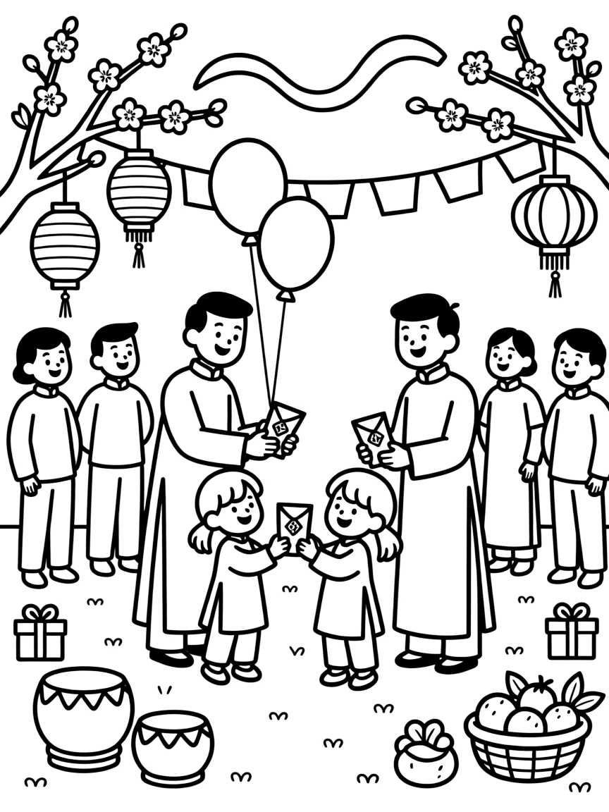 A coloring page bursting with festival energy from Vietnam, depicting the Tet Lunar New Year with children receiving red lucky money envelopes, with balloons, streamers, and happy onlookers filling the scene.