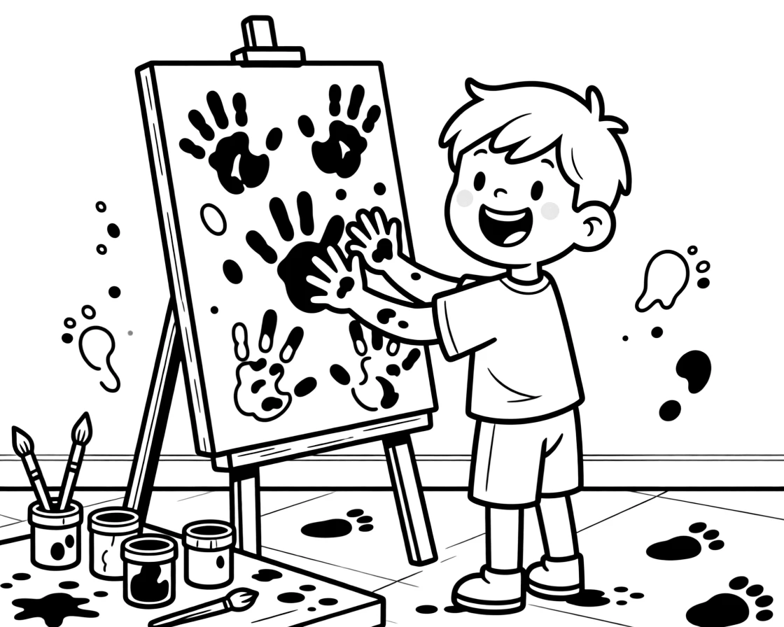 a proud young boy presses handprints in different colors of paint onto a large canvas.