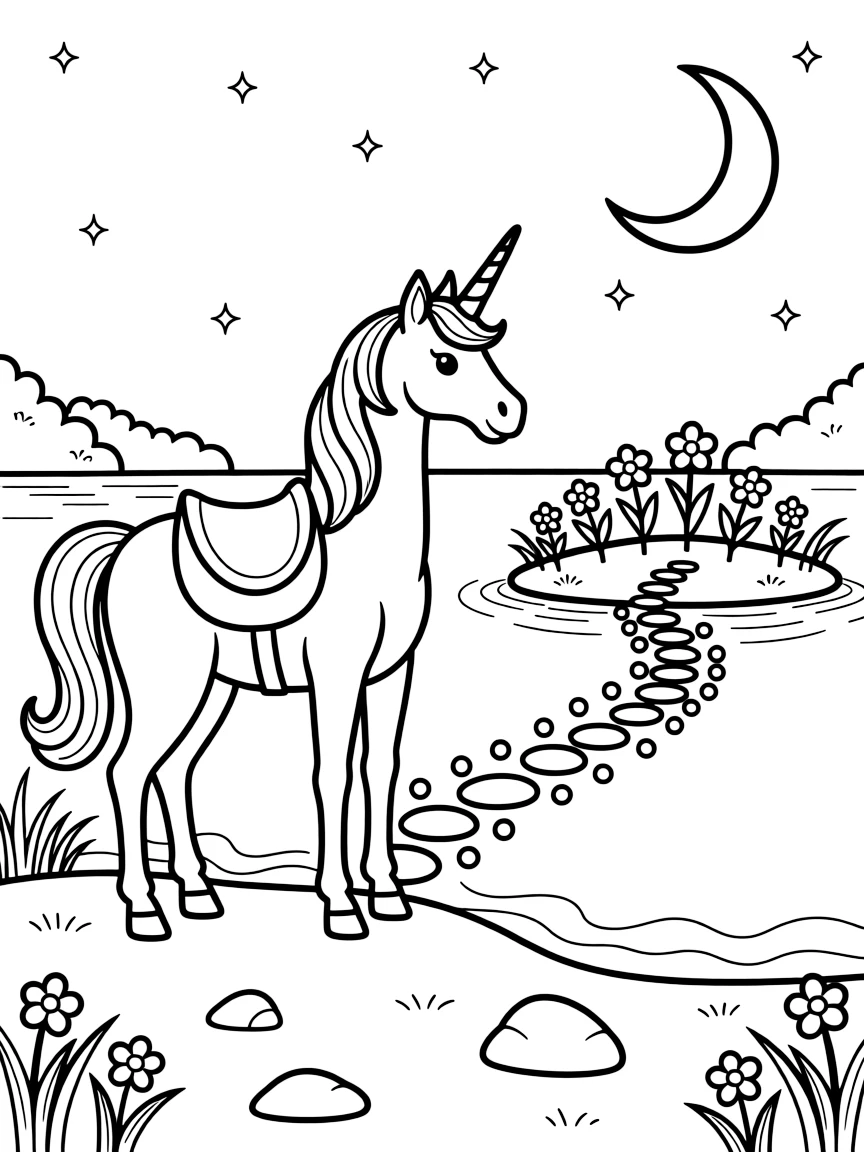 A moonlit unicorn stands at the edge of a still lake, its reflection forming a glowing bridge of light that leads to a hidden island of glowing flowers.