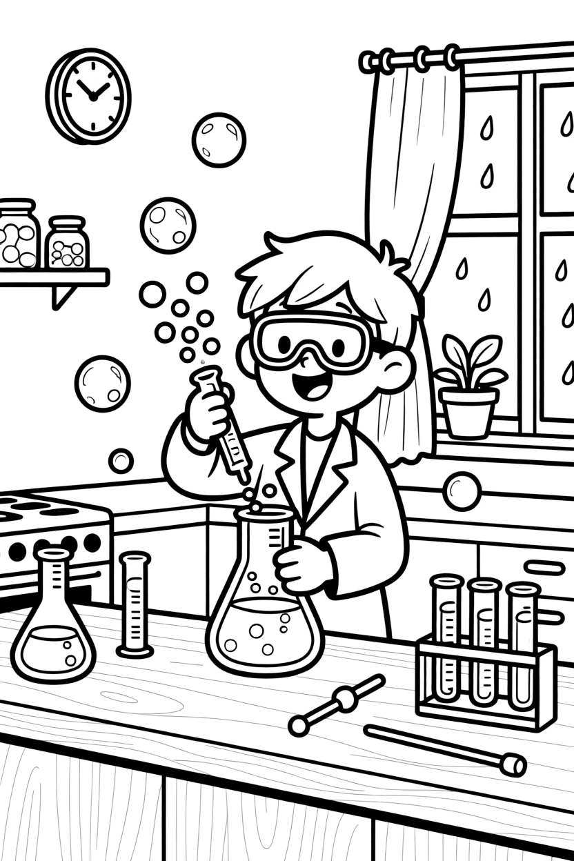[Science Experiments] a young scientist mixing bubbling liquids watching colorful bubbles fizz over the top at a kitchen counter turned lab, grinning with excitement, while beakers and test tubes line the table fills the surrounding area. Bubbles and fizz add fun texture to color. Set during a bright summer day, with a light drizzle just ending, the page bursts with adventure and imagination.