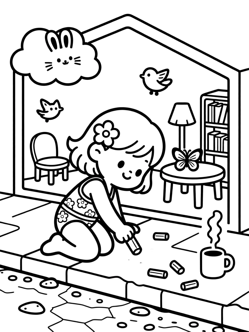 A girl surfer with a flower tucked behind her ear is drawing with colorful chalk on the sidewalk inside a dollhouse-sized world of tiny furniture. Scattered nearby, fluffy clouds shaped like little animals and a curling wisp of steam from a warm mug make the setting feel extra special.