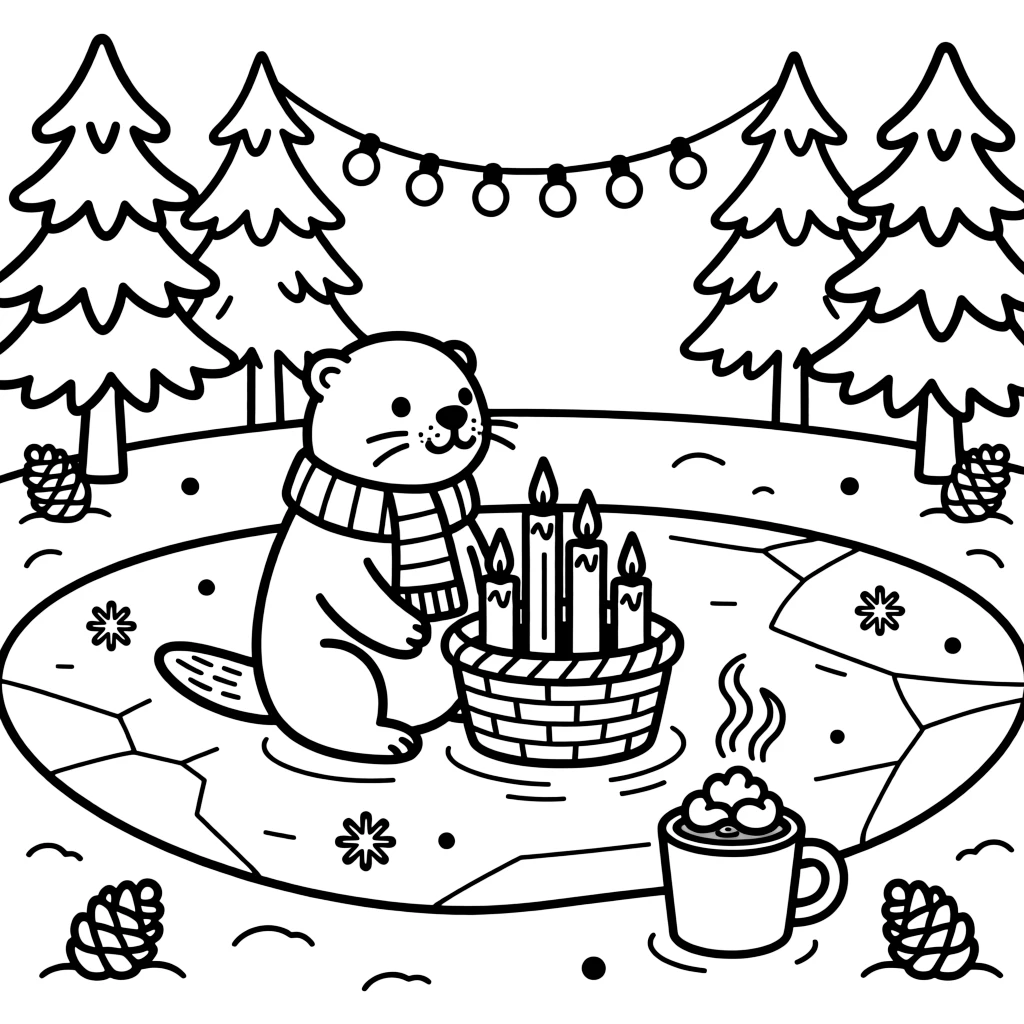 A playful otter admiring a basket of candles ready to be lit on a frozen pond ringed by pine trees, near a string of twinkling lights and a steaming mug of cocoa with marshmallows.