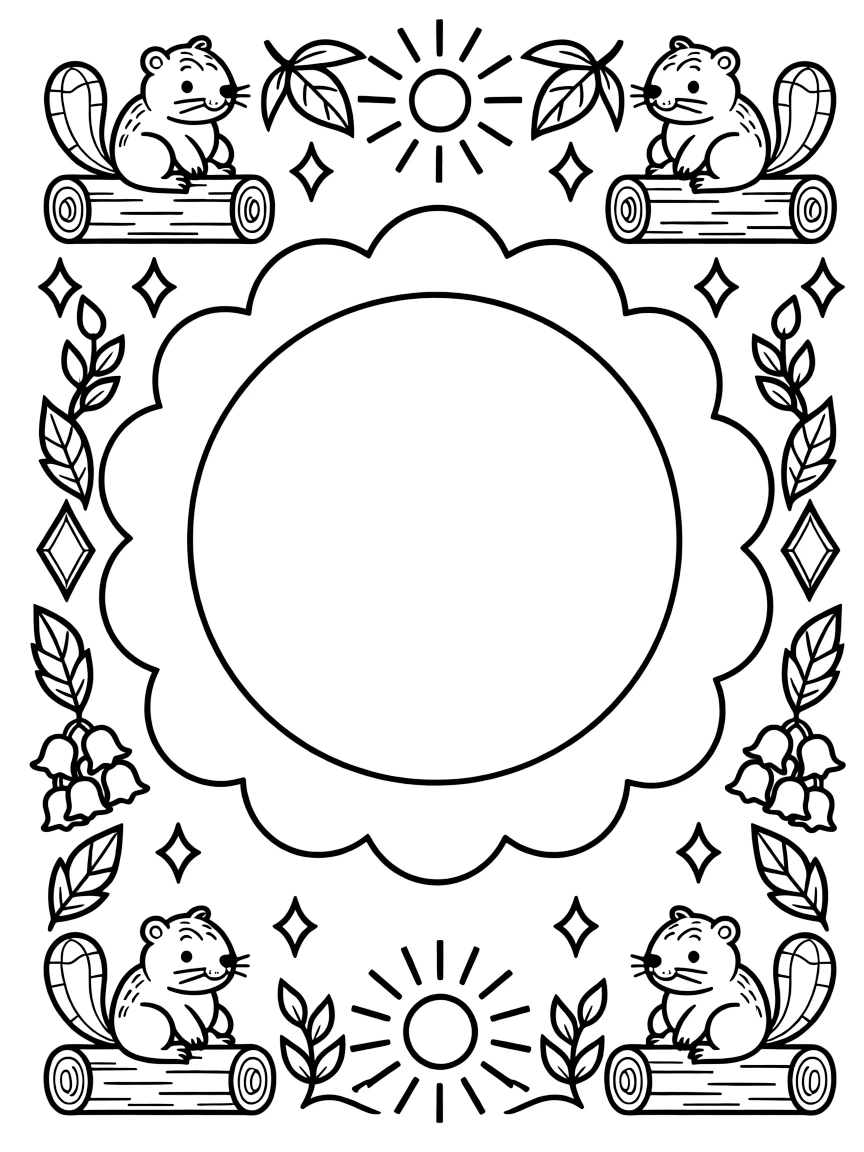 Woodland Animals: The page centers on a repeating motif of a beaver with a paddle-shaped tail resting on a log, built around a cloud-ring mandala made of puffy overlapping curves. The motif is repeated in a corner-to-corner border that circles the entire page, leaving a round open area in the middle. Decorative details fill the surrounding space, including rays fanning out like a small sunburst, clusters of tiny bells, and layered leaf clusters woven throughout the background. A playful extra touch completes the page: a few sparkling gem shapes dotted along the outer border.