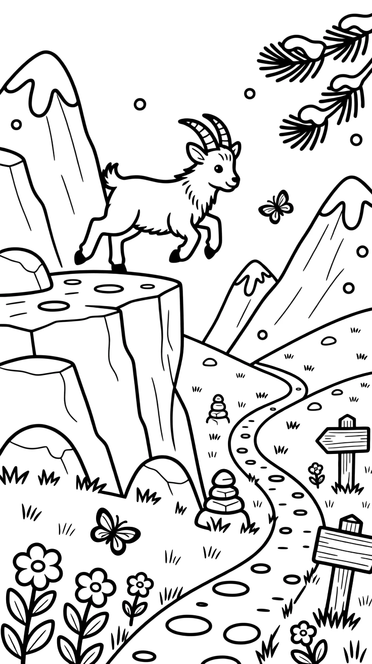 [Mountain Peaks] A young mountain goat leaps confidently across a rocky ledge high above a green valley. Colorful alpine flowers dot the slopes as butterflies drift between patches of wild grass. Jagged rock formations rise beside a winding trail marked with cairns and wooden signposts. Fresh snowflakes drift down over the mountainside, dusting the rocks and pine branches.