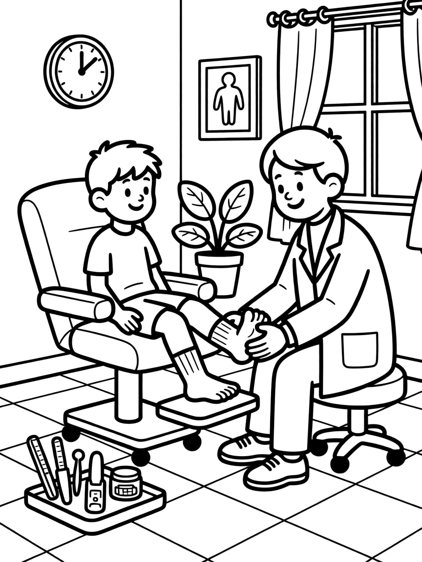 A podiatrist examines a patient's foot on a raised exam chair with special foot tools nearby.