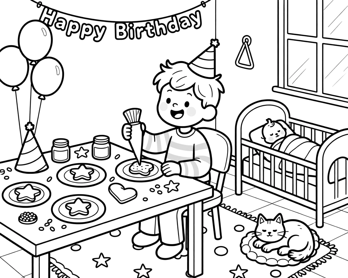 A boy with a missing front tooth decorating cookies with icing during a birthday party with a new baby sibling while a kitten naps in a sunny spot.