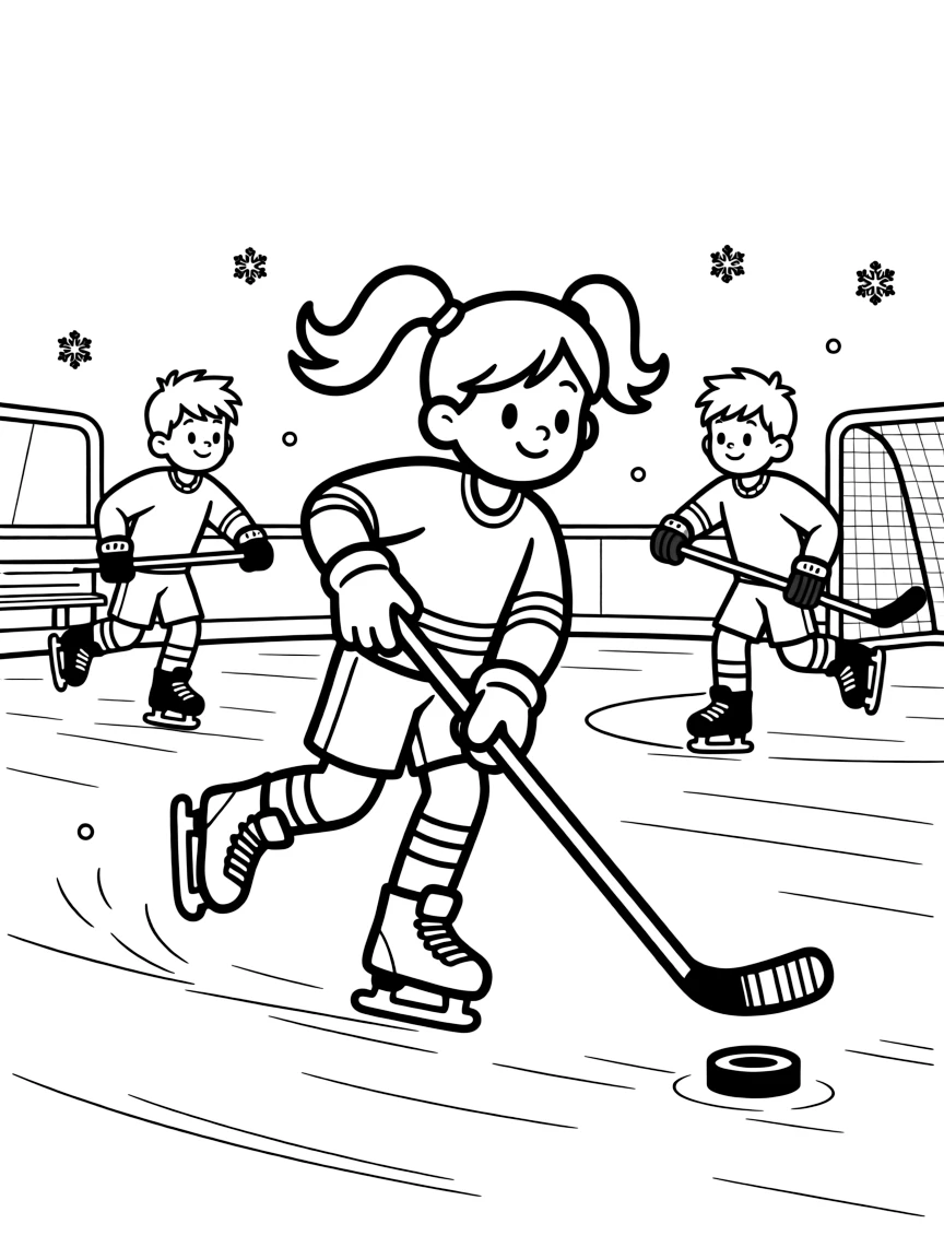 A determined girl with pigtails, skating at full speed down the rink, stick handling the puck between two defenders.