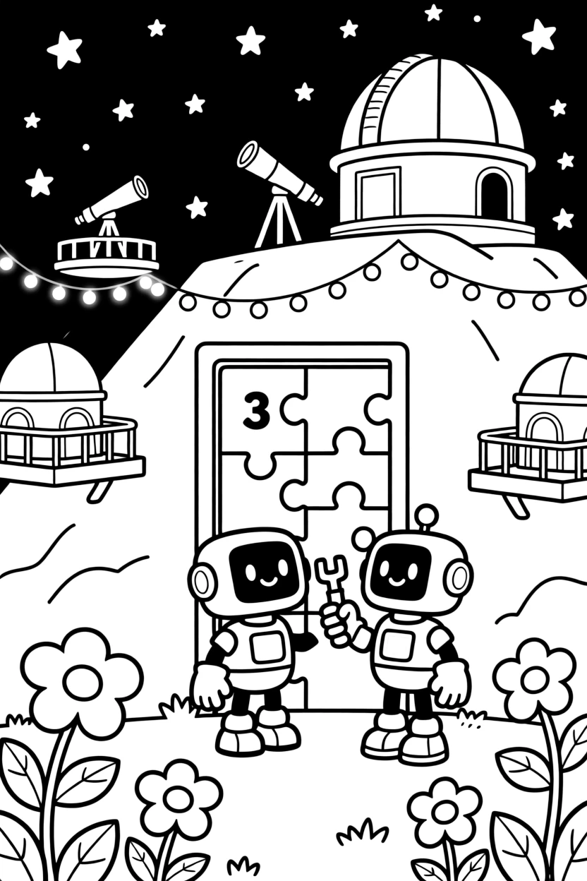 Beep-Boop, a curious little rescue robot solving a giant puzzle door that guards a secret underground base in a quiet observatory perched on a mountaintop under a starry sky, as twinkling string lights strung between floating platforms and a garden of oversized glowing flowers fill the scene.