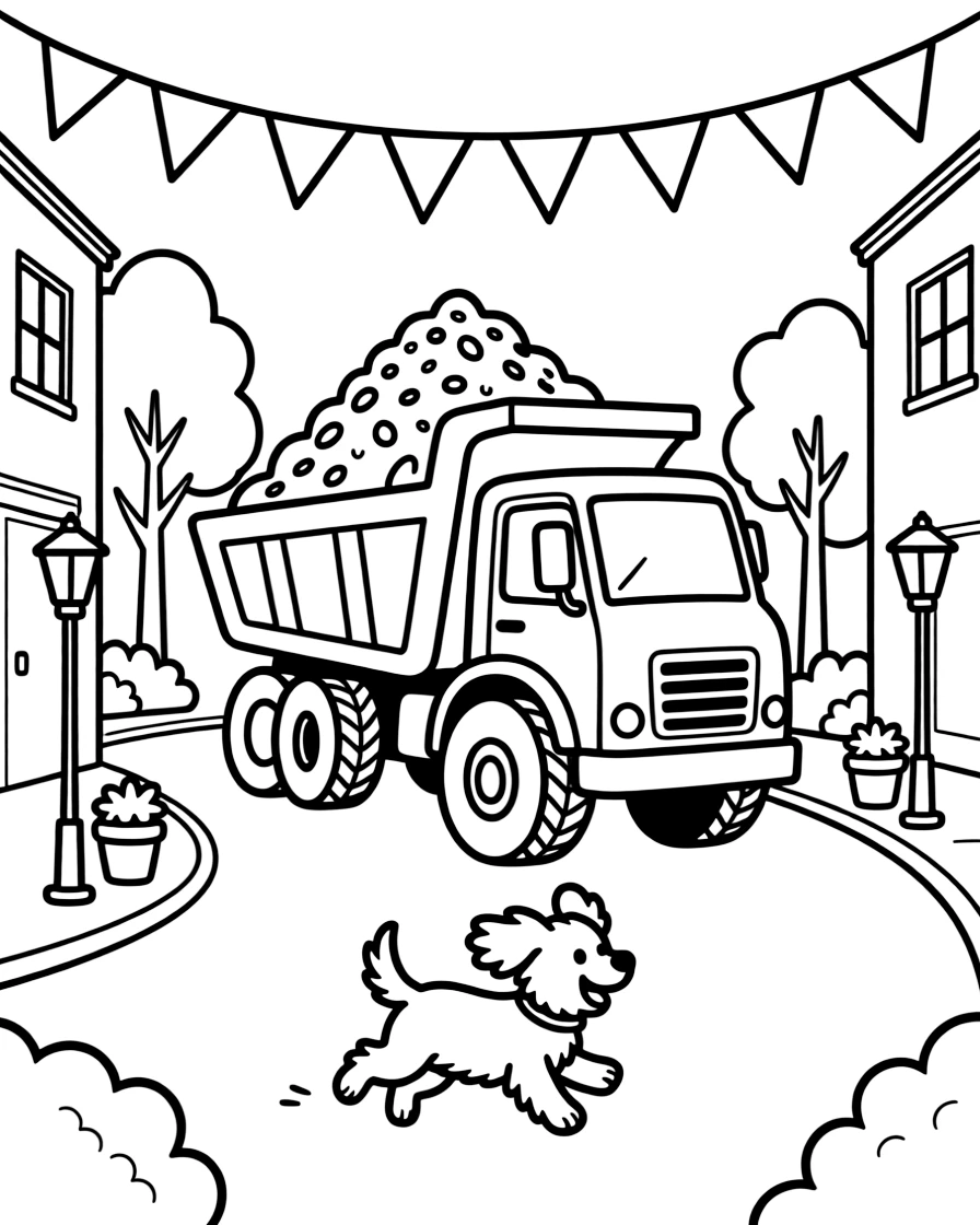 This coloring page shows a dump truck tipping a mountain of gravel making its way across a small town main street decorated with fluttering flags, accompanied by a friendly dog with its ears flapping in the wind, while a string of triangle pennant flags overhead adds extra charm to the scene.