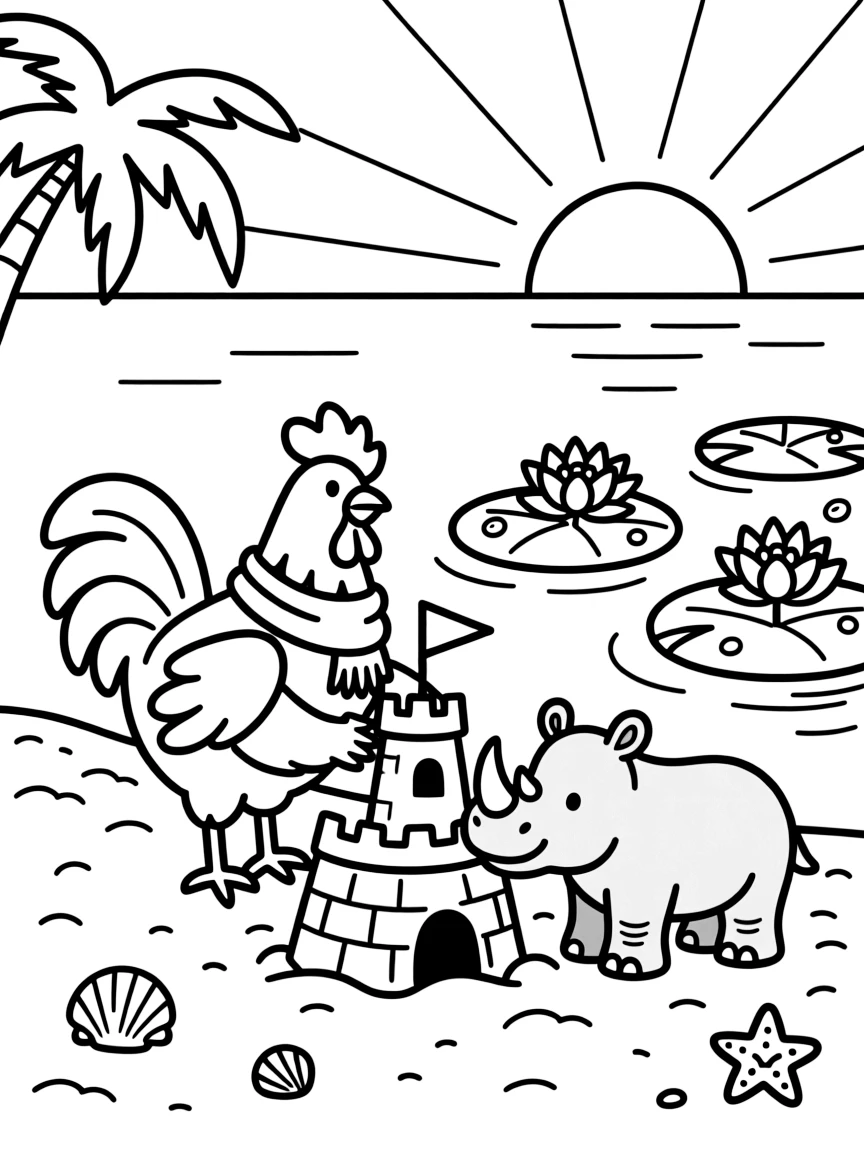 A rooster building a sandcastle beside a rhino calf on a tropical beach at sunset, near a water lily pond, as dewdrops sparkle on the leaves.
