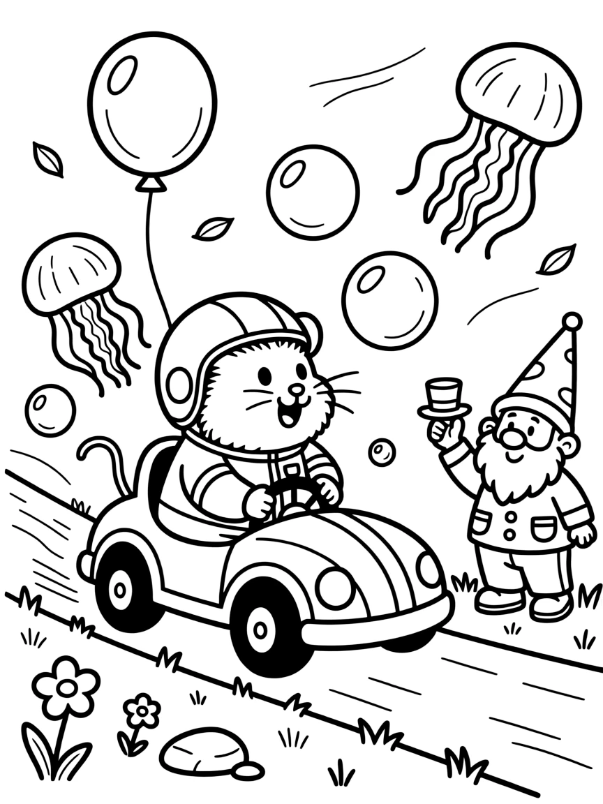 On the moon surrounded by floating jellyfish-shaped balloons, a chubby hamster race car driver discovers the joy of chasing a trail of giant soap bubbles, while a garden gnome tipping his pointy hat watches happily nearby. A gentle breeze carries the sound of joyful laughter.