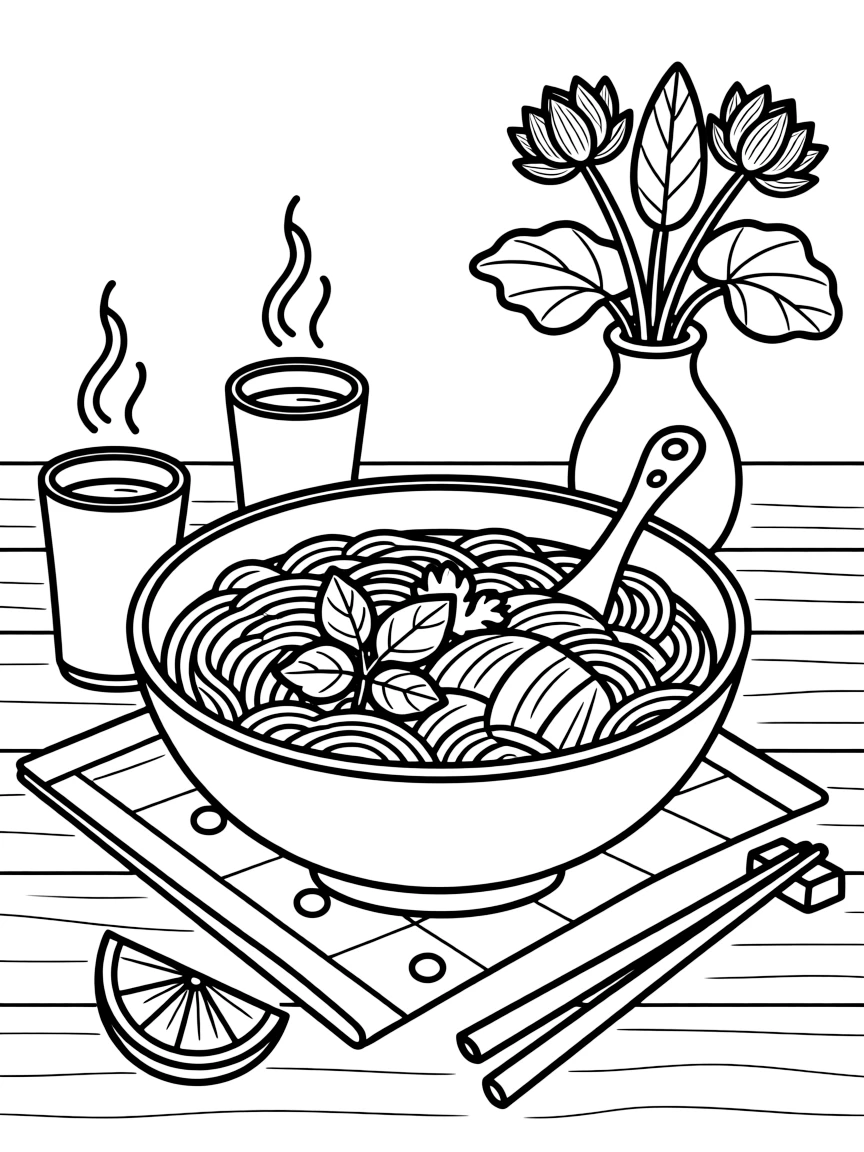 A coloring page of a cozy mealtime scene from Vietnam featuring a bowl of pho noodle soup with fresh herbs and lime on the side, arranged on a table with napkins, cups, and a cheerful centerpiece.