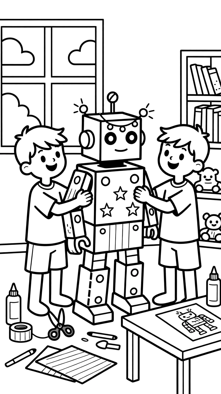 wide-eyed twin brothers build a cardboard robot costume covered in blinking paper lights.