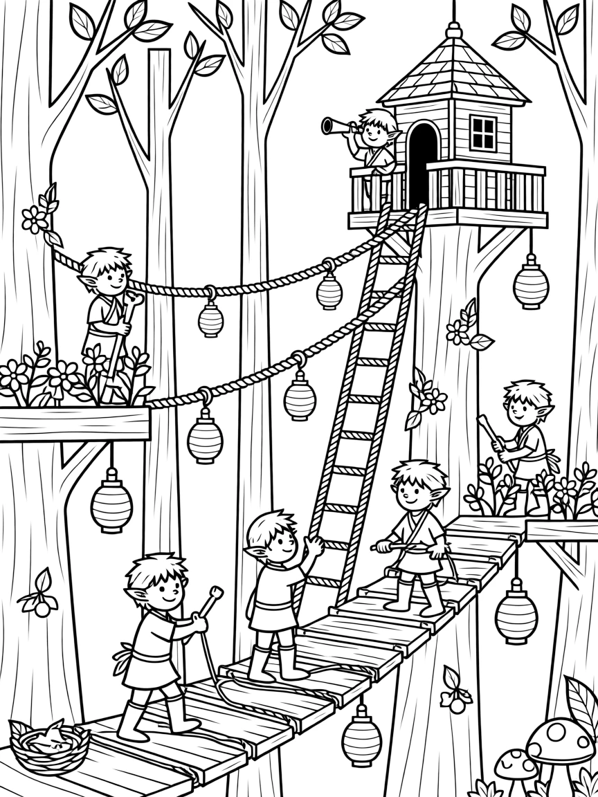 A band of woodland elves build a rope-and-ladder city among the treetops, complete with hanging gardens, lantern-lit walkways, and a lookout tower.
