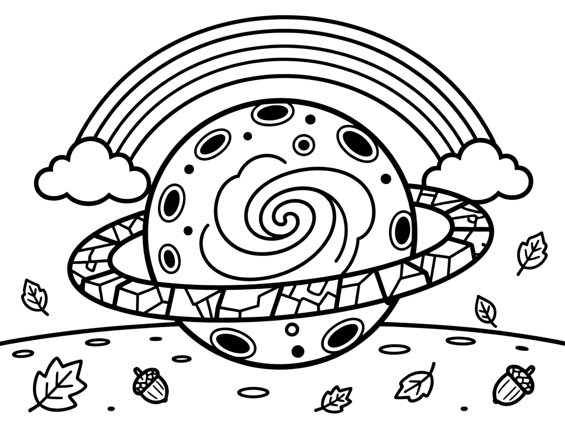 [Outer Space] a colorful nebula swirling in the distance drifting silently through the void deep in outer space. In the background, rings of ice and rock encircle a planet, adding extra fun to explore. Craters and rings add fun texture. It all happens on a crisp autumn afternoon, with a rainbow arching overhead.