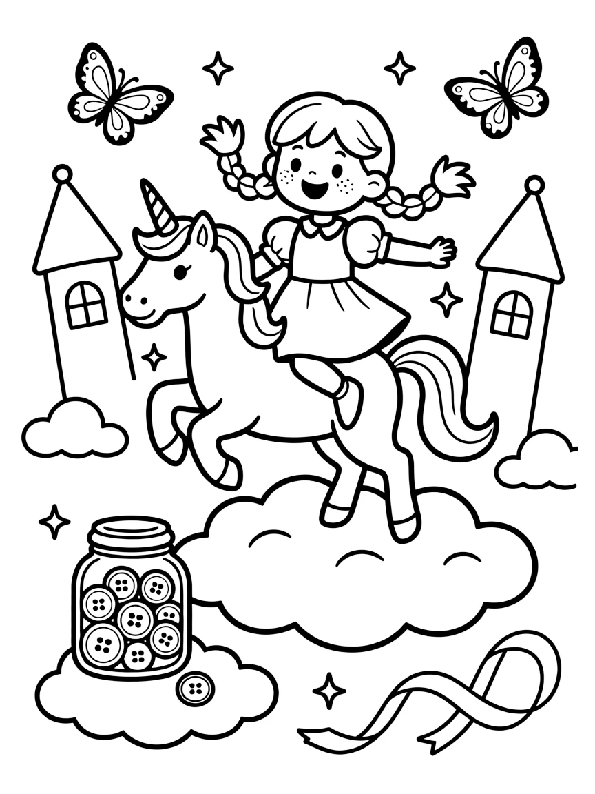 A girl with braided pigtails and freckles is flying through fluffy clouds on a friendly unicorn atop a fluffy cloud shaped like a castle. a jar of colorful buttons and ribbons and fluttering butterflies drifting nearby make the scene feel magical.