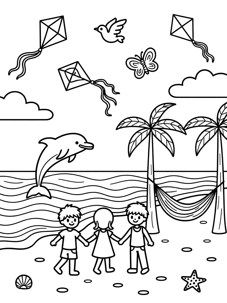 A sky filled with kites of every color and shape on a sandy beach with gentle waves rolling in, with a group of three friends playing close by amid a hammock strung between two trees and a friendly dolphin leaping from the waves.