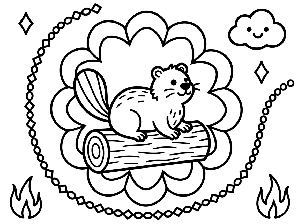 Woodland Animals: The page presents a small themed scene built around a beaver with a paddle-shaped tail resting on a log, tied together by a layered rosette mandala with overlapping round petals. The scene is positioned in the middle of a balanced layout, with smaller matching details arranged above and below. Decorative details fill the surrounding space, including a repeating chain of small diamonds, a trail of evenly spaced dots, and flame-shaped tips curling upward woven throughout the background. A playful extra touch completes the page: a small round cloud with a friendly face tucked into a corner.