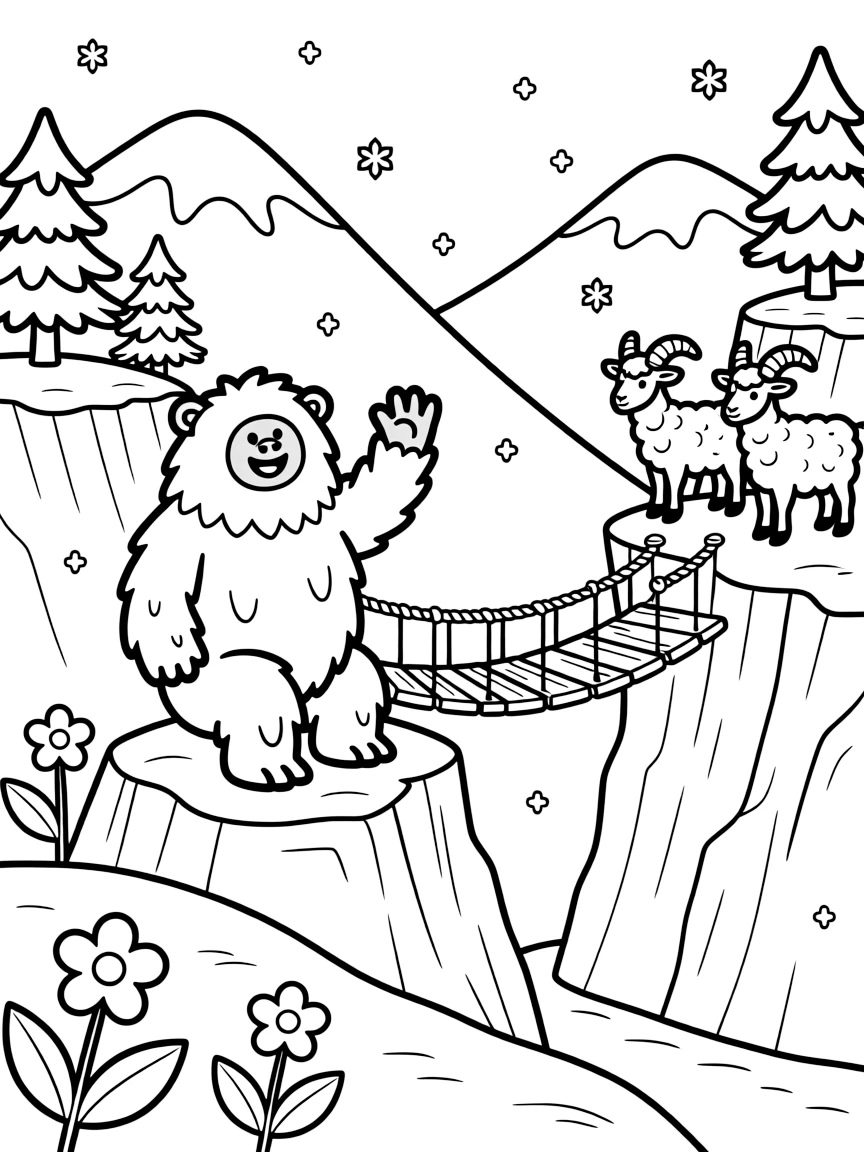 [Mountain Peaks] A friendly yeti waves from a rocky outcrop, surrounded by patches of snow and mountain flowers. A pair of mountain sheep with curled horns stand on a narrow ledge overlooking a deep valley. A rope bridge stretches across a deep ravine, connecting two rocky cliffs dotted with pine trees. Fresh snowflakes drift down over the mountainside, dusting the rocks and pine branches.