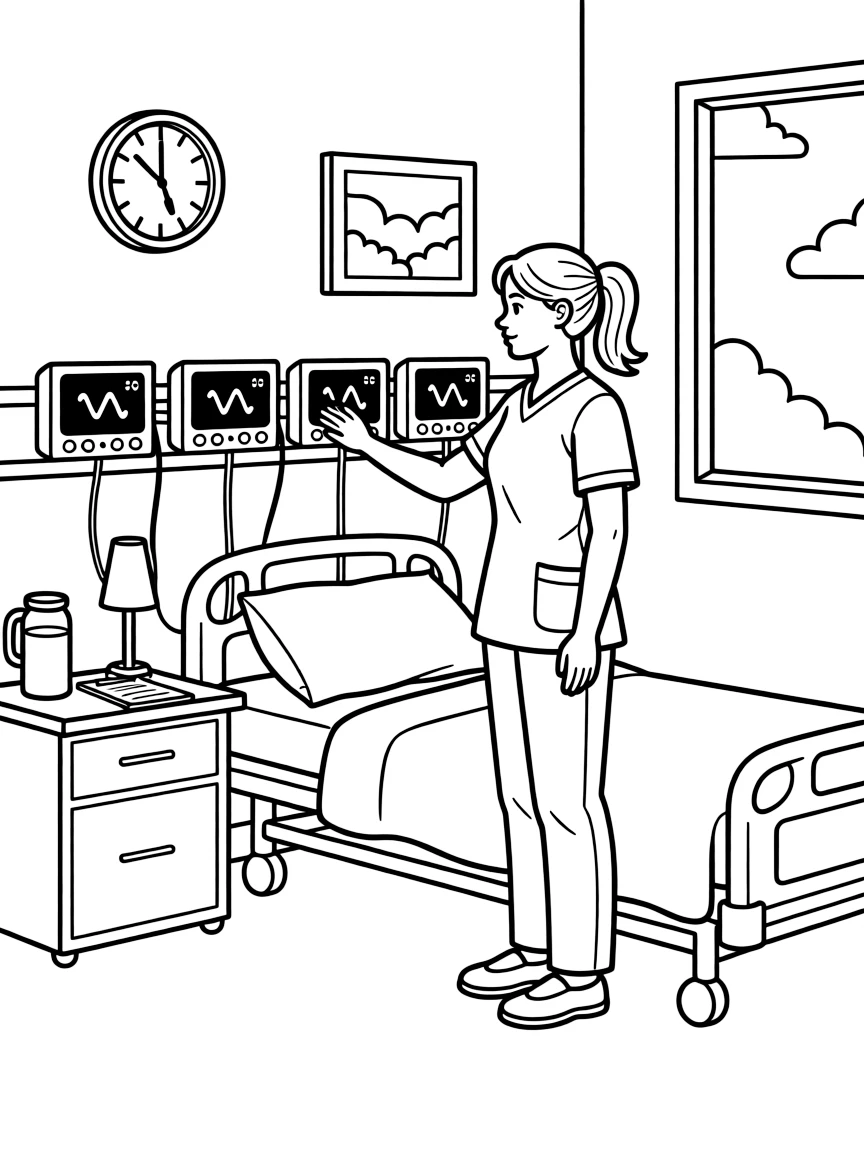 An ICU nurse checks a row of blinking monitors beside a hospital bed.