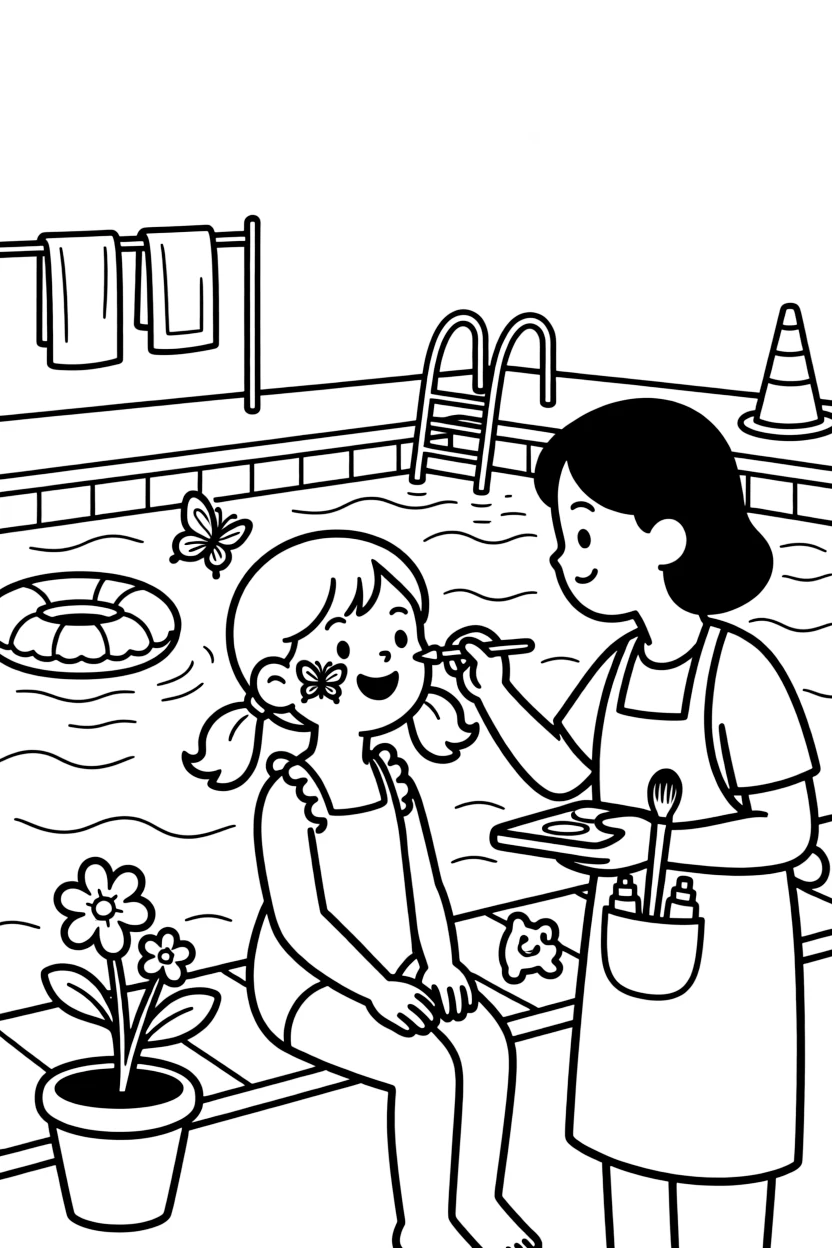 A girl in pigtails getting a face painted like a butterfly at the community pool while a butterfly visits nearby.