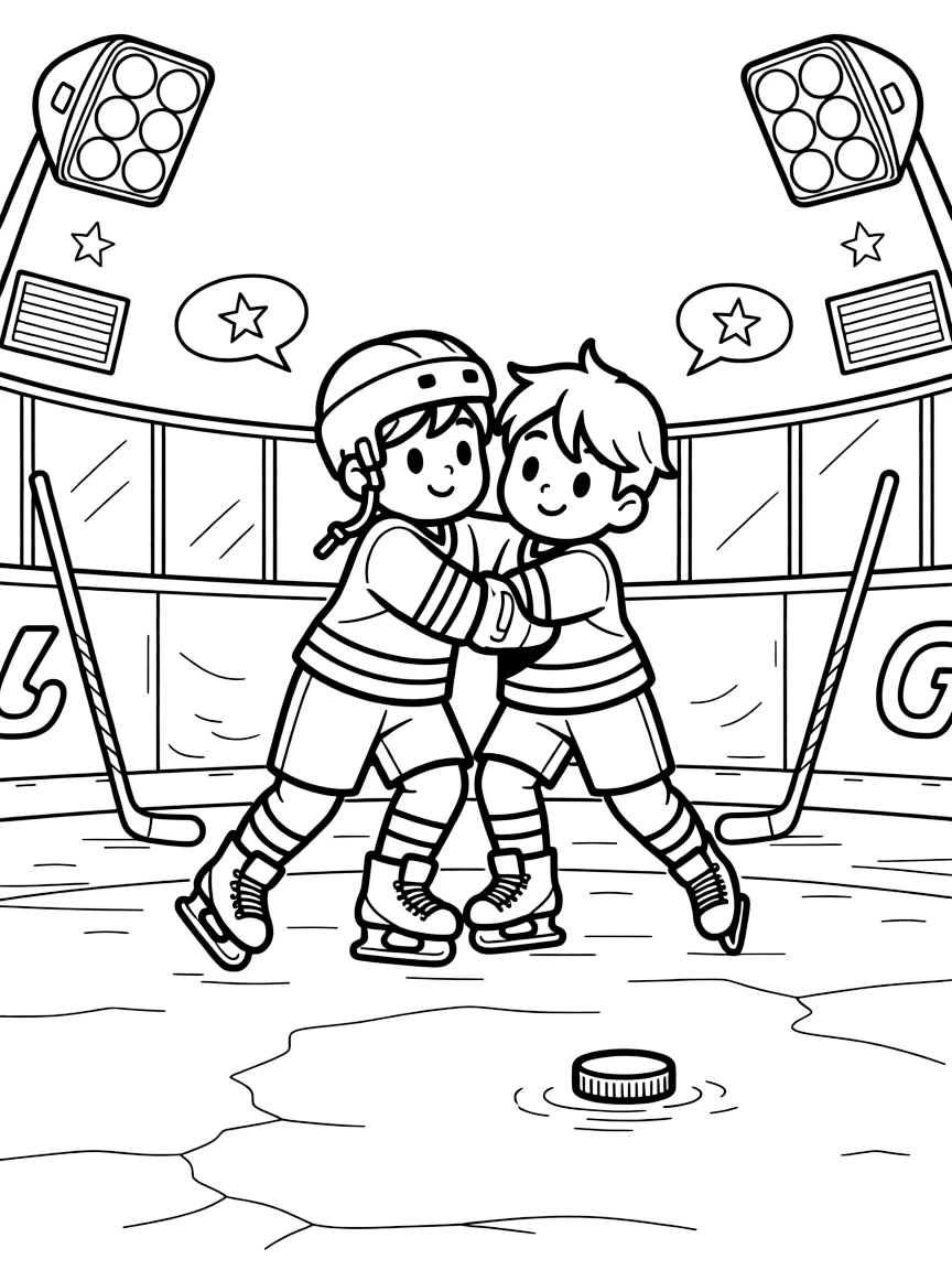 A pair of best friends, body-checking gently against the boards during a fast-paced scrimmage under bright arena lights.