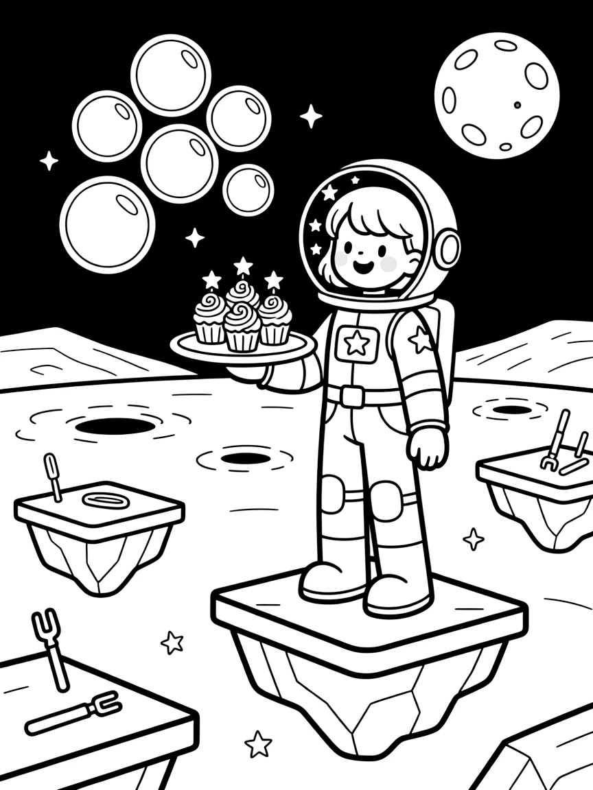 In an asteroid belt mining outpost with floating rock platforms, Star Scout Ionia, a young space explorer in a starry spacesuit delivering birthday cupcakes to a colony on the far side of the moon, while a cluster of soap-bubble-like energy shields adds to the excitement.