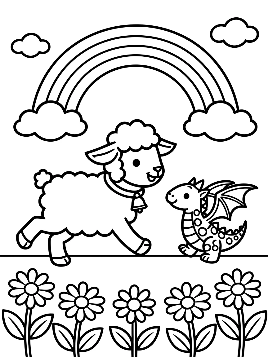 A lamb racing playfully alongside a baby dragon under a rainbow after the rain, near a bed of daisies.