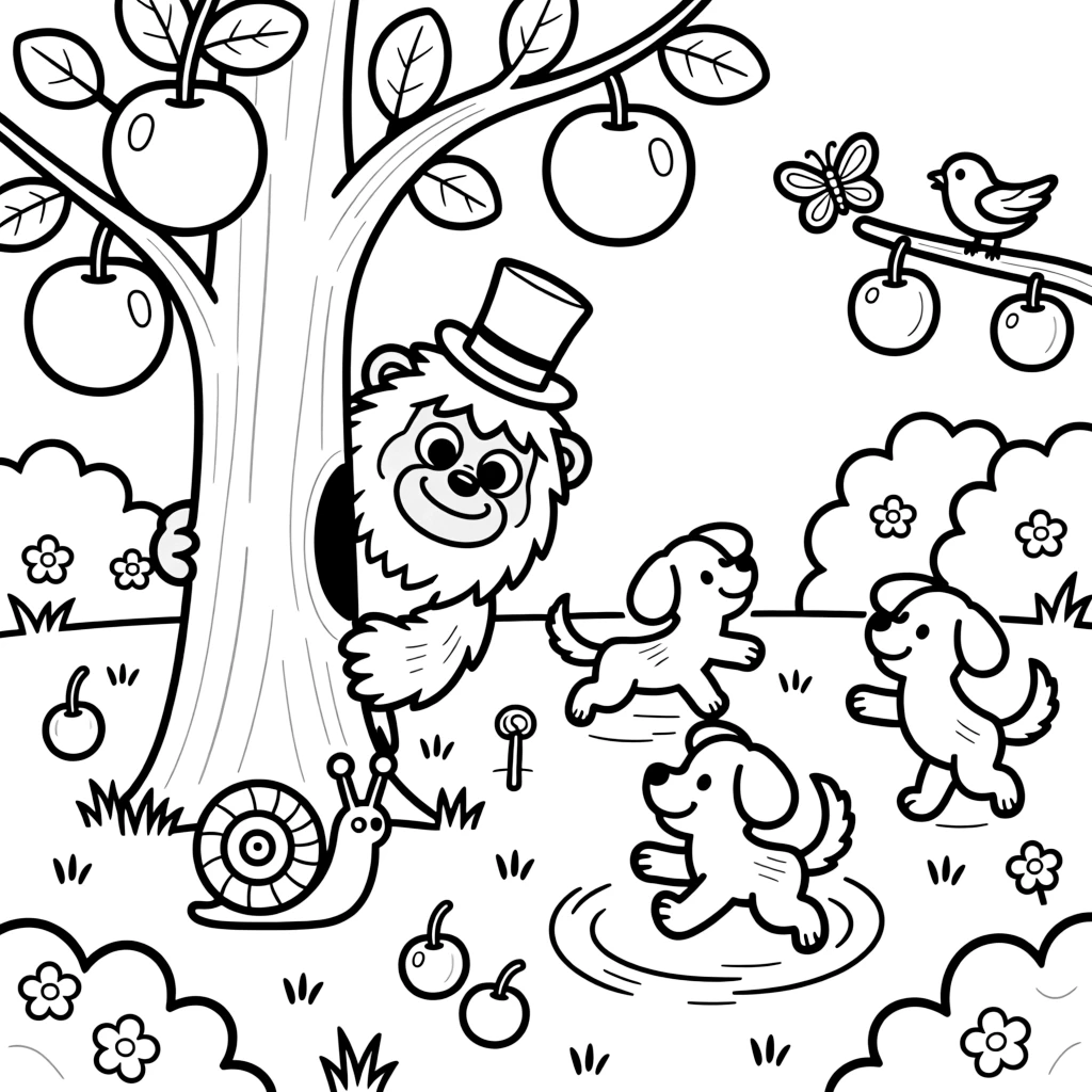 A mischievous yeti cub is playing an epic game of hide and seek in an orchard heavy with giant candy apples, joined by a snail wearing a tiny top hat and three bouncing puppies chasing their tails. Every creature nearby wants to join in the fun.